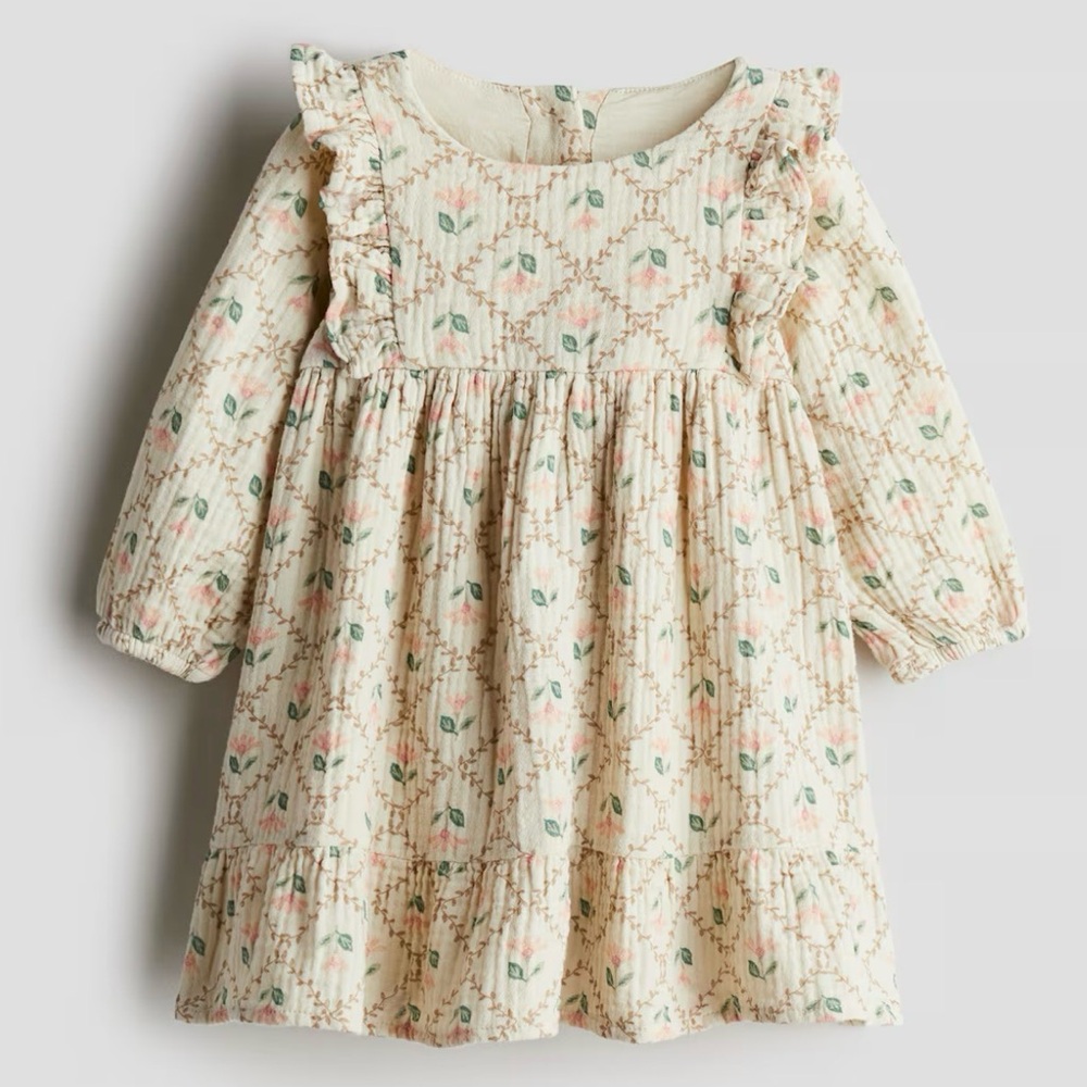 H&M Baby Long Sleeve Ruffle Floral Cream Dress